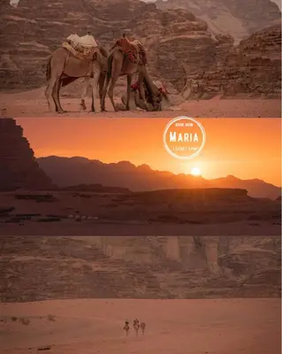 two pictures of a camel and a sunset in the desert at MARIA LUXURY CAMp&BUBBLES ROOM in Wadi Rum