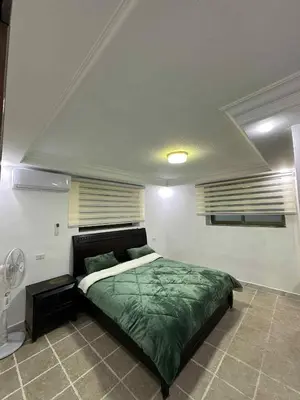 a bedroom with a bed with a green comforter at Amman Jordan جبل عمان الدوار الاول in Ash Shumaysānī
