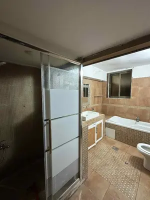 a bathroom with a shower and a tub and a toilet at Amman Jordan جبل عمان الدوار الاول in Ash Shumaysānī
