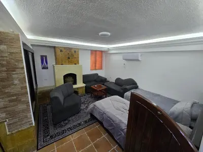 a living room with a bed and a fireplace at Studio 3 Cozy Amman Central Near Rainbow Street & First Circle in Amman