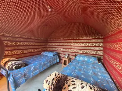 a room with two beds in a room with a wall at Wadi Rum Tours and Camp in Wadi Rum