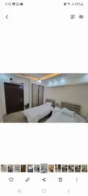 two pictures of a bedroom with two beds at Lavender Résidence 102 in Amman