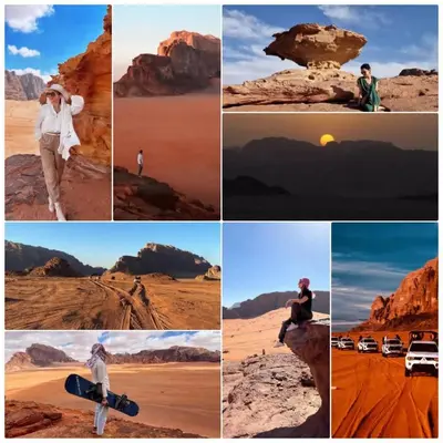 a collage of photos of people in the desert at Wadi rum fun time in Wadi Rum