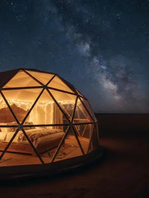 a dome tent with a view of the milky way at rum magic luxury camp in Wadi Rum