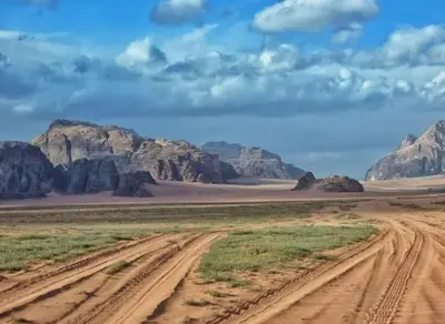 a dirt road in the desert with mountains in the background at Enad wadirum camp in Wadi Rum