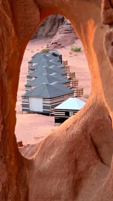 a view of a group of huts in the desert at Bedouin Whispers Camp wadirum in Wadi Rum