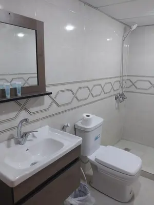a bathroom with a sink and a toilet and a mirror at Essam in Wadi Rum