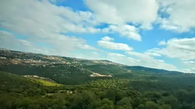 a view of a valley with trees and a blue sky at منتجع وأكواخ غصن in Al Jafr