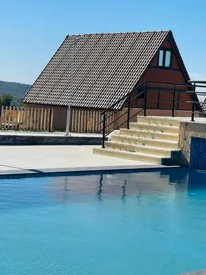 a house with stairs and a pool of water at The Branch Lodges in Ajloun