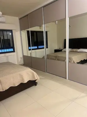 a bedroom with a bed and a large mirror at Khalda apartment in Amman