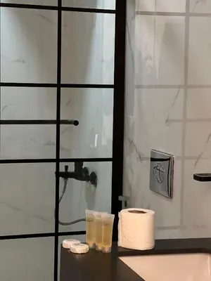 a bathroom with a shower and toilet paper on a table at Golden Stars Luxury Camp Wadi Rum in Wadi Rum