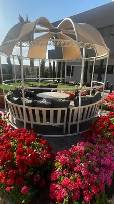 a flower garden with a fountain and some flowers at Villa W2 in Amman