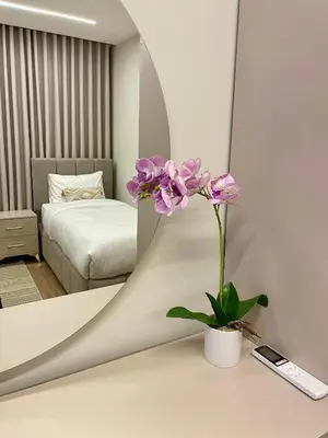 a room with a mirror and a flower on a table at شقة فندقية فاخرة في عمان قرب طريق المطار Luxury Living Near Airport Road in Amman