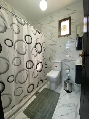 a bathroom with a toilet and a wall with circles at Travelers Choice Apartment Near Petra in Wadi Musa