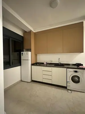 a kitchen with a white refrigerator and a dishwasher at Furnished Apartment in Bushrá