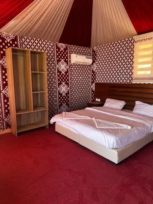 a bedroom with a large bed and a red carpet at Desert Star Camp in Disah