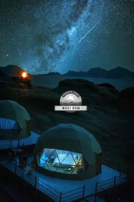 a starry night with a view of the milky way at WADI RUM RESERVE BUBBlE CAMP in Wadi Rum