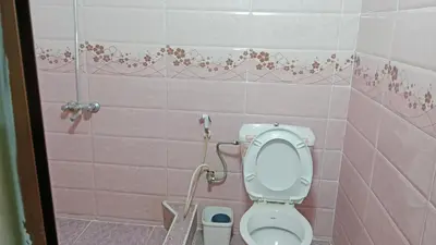 a bathroom with a pink tiled wall with a toilet at عجلون اشتفينا in Ajloun