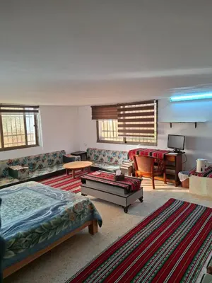 a living room with a bed and a couch and a table at Mountain Pad Overlooking Jerash - HQ Budget stay in Jerash