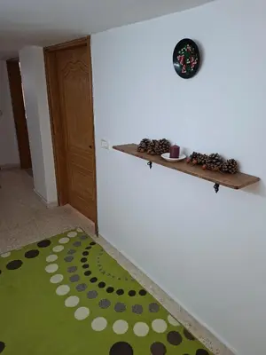 a room with a green rug and a shelf and a door at Mountain Pad Overlooking Jerash - HQ Budget stay in Jerash