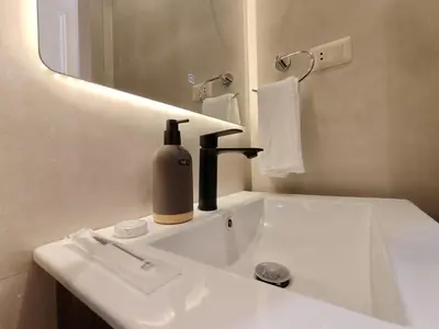 a bathroom with a sink with a bottle of soap at ذا سهل ستيز in Amman