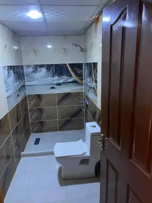 a bathroom with a toilet and a shower and a door at Infinity Dunes Camp in Disah