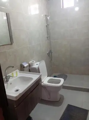 a bathroom with a toilet and a sink and a shower at Wadi rum camp teem in Wadi Rum
