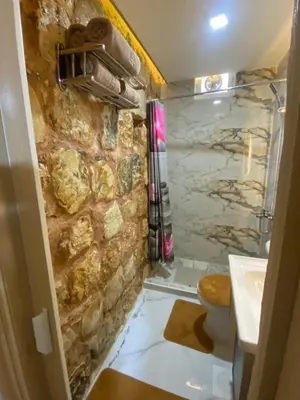 a bathroom with a toilet and a stone wall at Petra Gateway Guest Room in Wadi Musa