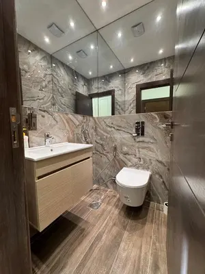 a bathroom with a sink and a toilet and a mirror at Modern apartment near the UK embassy in abdoun in Amman