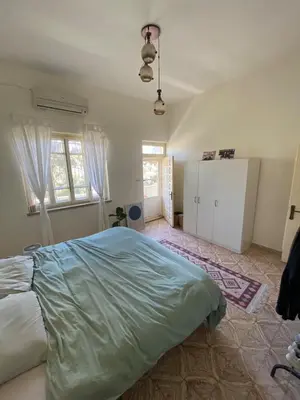 a bedroom with a large bed and two windows at Stylish 2BR Apartment, Walkable Jabal Al-Weibdeh in Amman