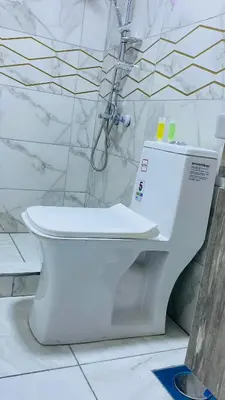 a white toilet in a bathroom with a shower at Wadi Rum Ahmad comp in Wadi Rum
