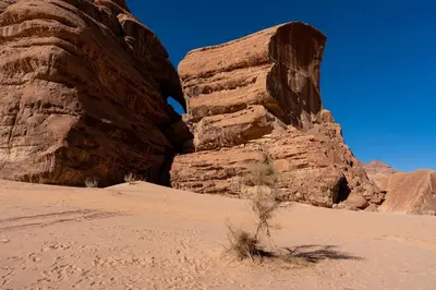 a view of a rock formation in the desert at Wadi rum bubble camp in Wadi Musa