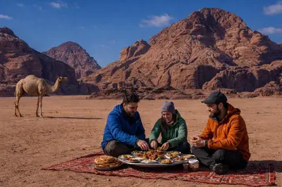 three men eating food in the desert with a camel in the background at Wadi rum bubble camp in Wadi Musa