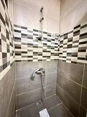 a bathroom with a shower with a checkerboard tile wall at Margarita Hotel in Amman