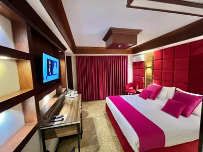 a hotel room with a bed and a television at Petra Sella Hotel in Wadi Musa