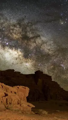a starry night with the milky way in the desert at Wadi Rum Lawrence Camp in Wadi Rum