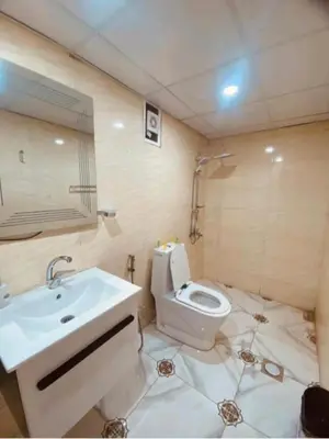 a bathroom with a white toilet and a sink at Yazan Desert Camp in Wadi Rum