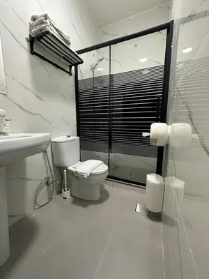 a bathroom with a toilet and a sink and a shower at Rumman Hotel in Madaba