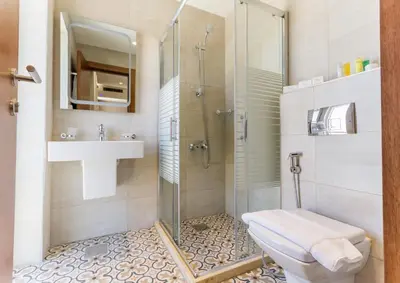 a bathroom with a shower and a toilet and a sink at The Seventh Star Hotel Suites in Amman