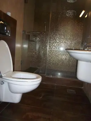 a bathroom with a toilet and a sink and a shower at Aghadeer Hotel in Amman