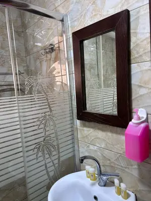a bathroom with a sink and a mirror at Robou Al Sharq in Amman