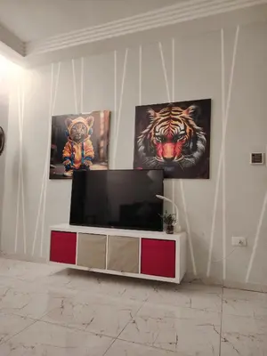 a living room with a television and two paintings on the wall at Abu alzoz home سكن مشترك in Amman