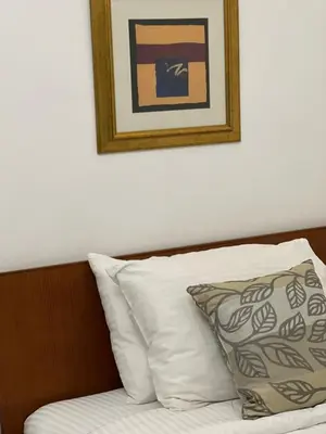 a bed with a pillow and a picture on the wall at Bonita Inn in Amman