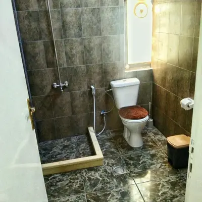 a bathroom with a shower and a toilet in it at Majido Hotel in Wadi Musa