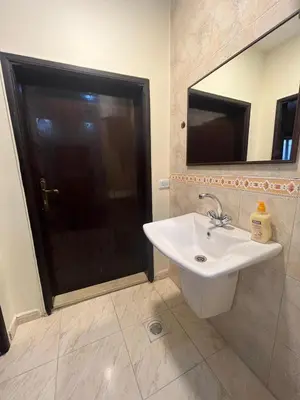 a bathroom with a sink and a shower with a mirror at Sultan Home in Wadi Musa