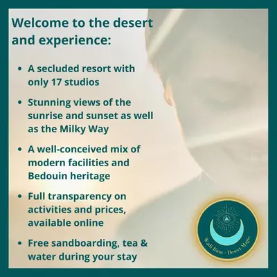 a flyer for the desert and experience a scheduled resort with only studies sampling at Desert Magic Camp & Resort in Wadi Rum