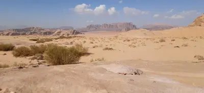 a view of the desert with a rock in the foreground at Sunrise camp in Wadi Rum
