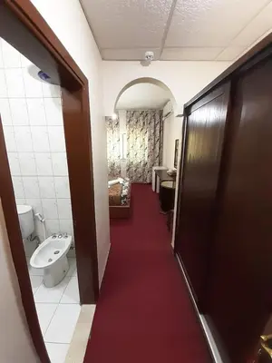 a bathroom with a toilet and a sink and a red carpet at Amman Ambiance Hotel in Amman