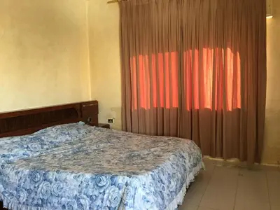 a bedroom with a bed and a window with curtains at PALM Home in Amman
