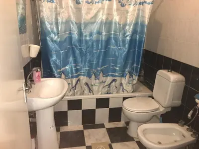 a bathroom with a sink and a toilet and a shower curtain at PALM Home in Amman